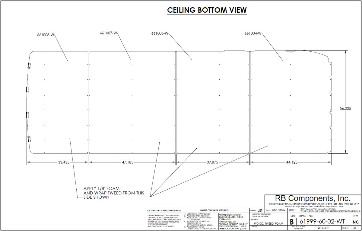 07+ Sprinter Van Ceiling Liner Kit, 170&quot;WB Plywood