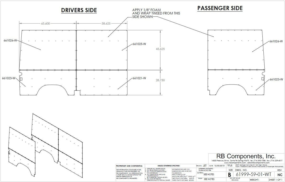 07-18 Sprinter Van Wall Liner Kit, 144&quot; High Roof, Plywood