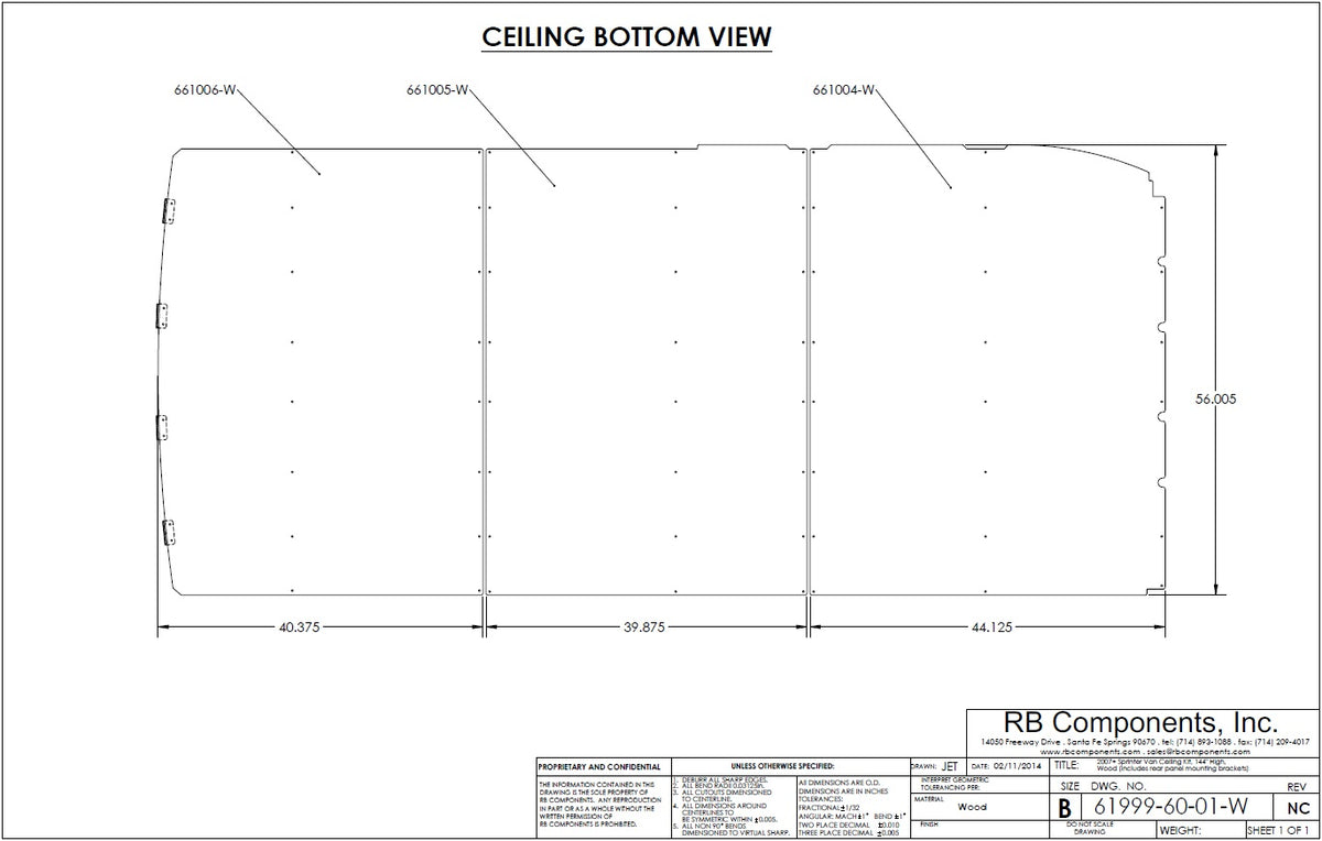 07+ Sprinter Van Ceiling Liner Kit, 144&quot;WB Plywood