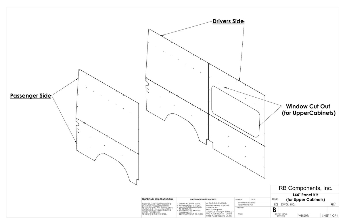 2019+ Sprinter Van Wall Liner Kit, 144&quot; High Roof, Upholstered (for upper cabinets)