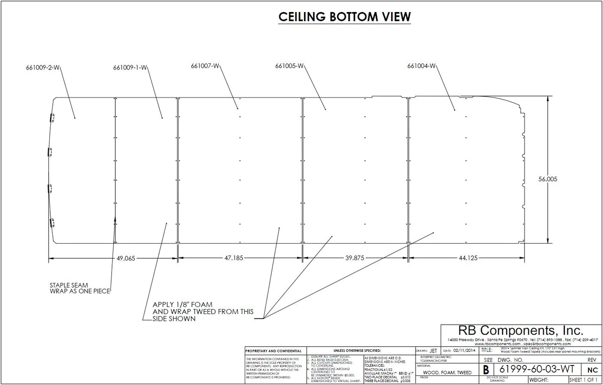 07+ Sprinter Van Ceiling Liner Kit, 170&quot;WB Ext Plywood